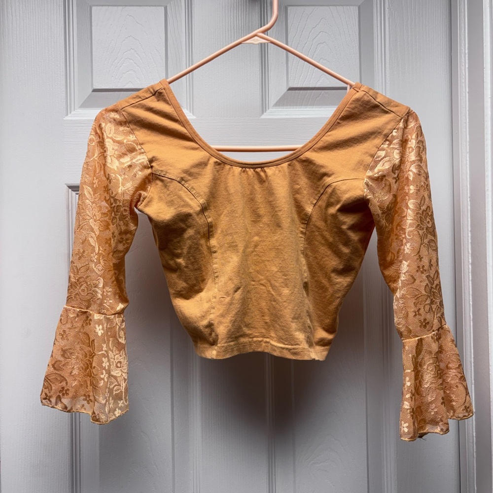 Mustard Lace Bell Sleeve Cropped Top – Boho Fairycore Festival Style - Picture 2 of 8